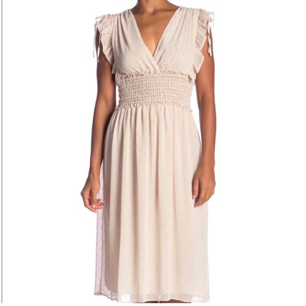 Max Studio Sleeveless V-Neck Dot  Ruffle Short Sleeve Dress in Medium